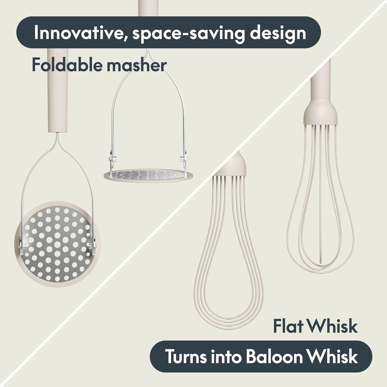 image:imagebella 2Piece Compact Masher and Whisk Set Fold Flat Stainless steel and silicone Foldable Masher Ballon Whisk Flat Whisk Nonstick Nonslip Heat safe to 425F OatmilkOatmilk