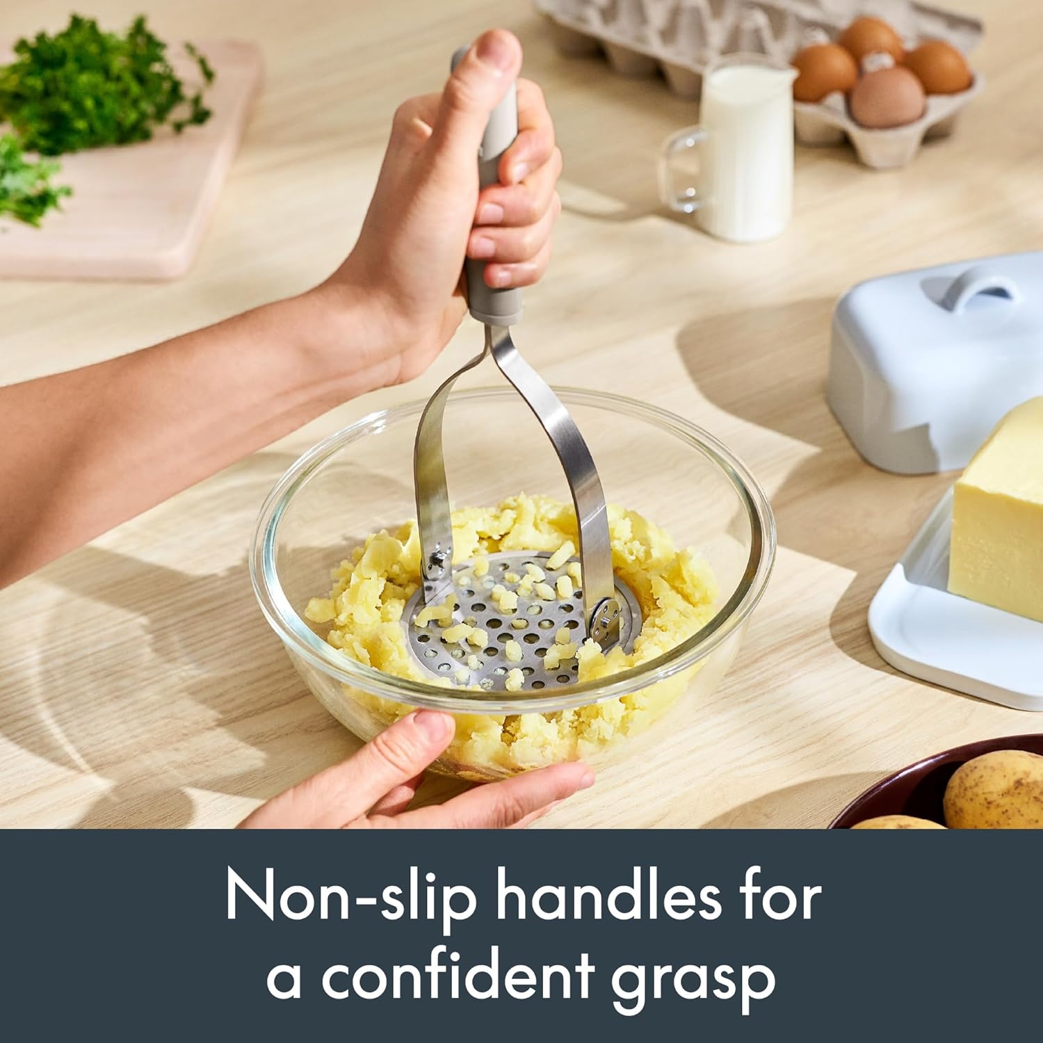 image:imagebella 2Piece Compact Masher and Whisk Set Fold Flat Stainless steel and silicone Foldable Masher Ballon Whisk Flat Whisk Nonstick Nonslip Heat safe to 425F OatmilkOatmilk