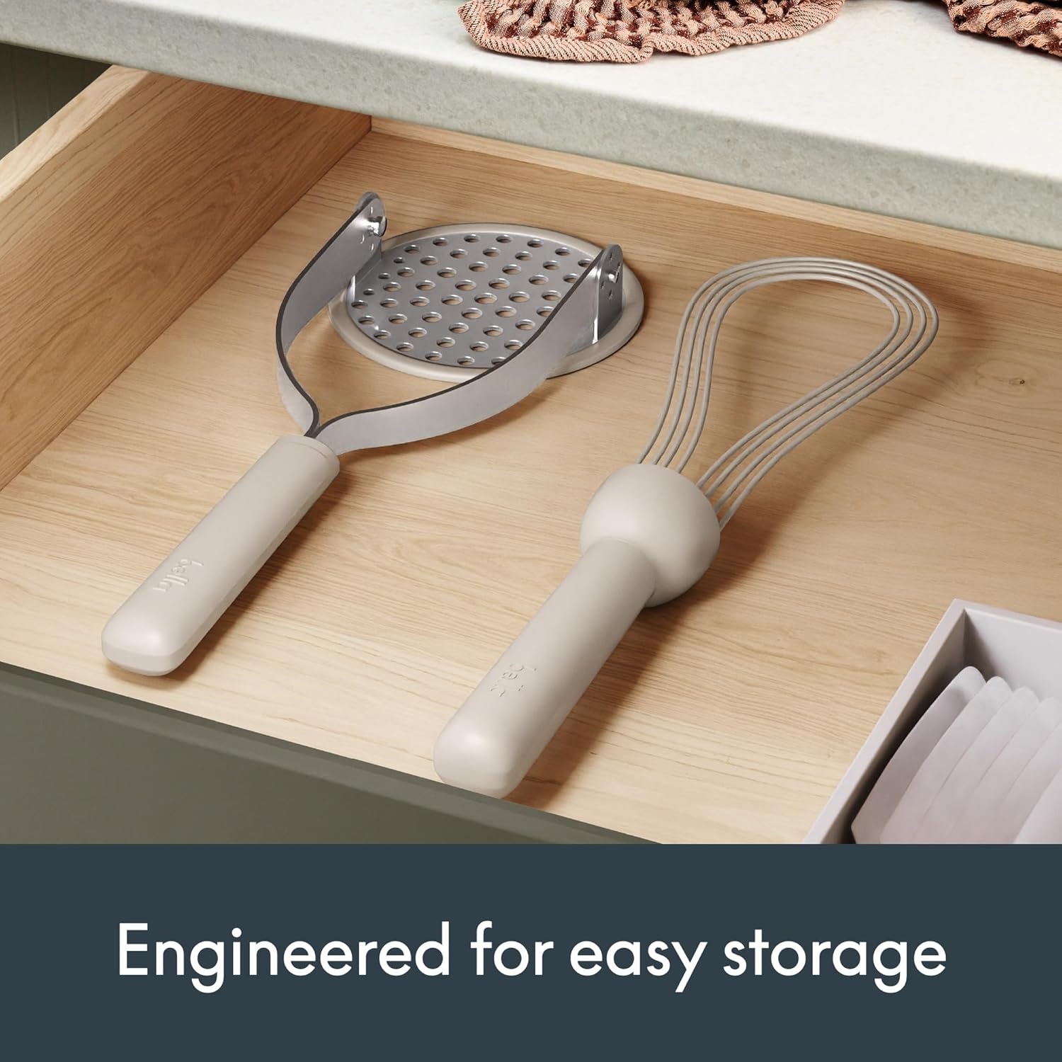 image:imagebella 2Piece Compact Masher and Whisk Set Fold Flat Stainless steel and silicone Foldable Masher Ballon Whisk Flat Whisk Nonstick Nonslip Heat safe to 425F OatmilkOatmilk