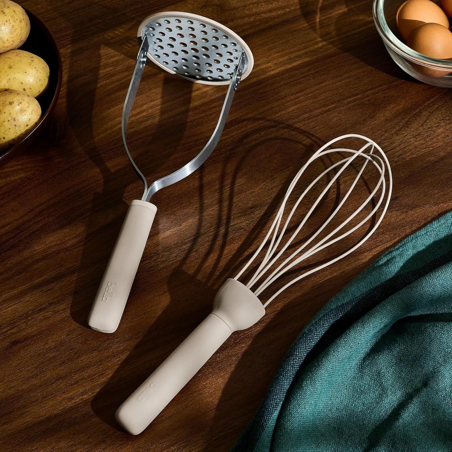 image:imagebella 2Piece Compact Masher and Whisk Set Fold Flat Stainless steel and silicone Foldable Masher Ballon Whisk Flat Whisk Nonstick Nonslip Heat safe to 425F OatmilkOatmilk