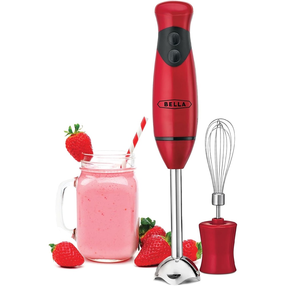 image:imageBELLA Immersion Hand Blender Portable Mixer with Whisk Attachment  Electric Handheld Juicer Shakes Baby Food and Smoothie Maker Stainless Steel BlackRed