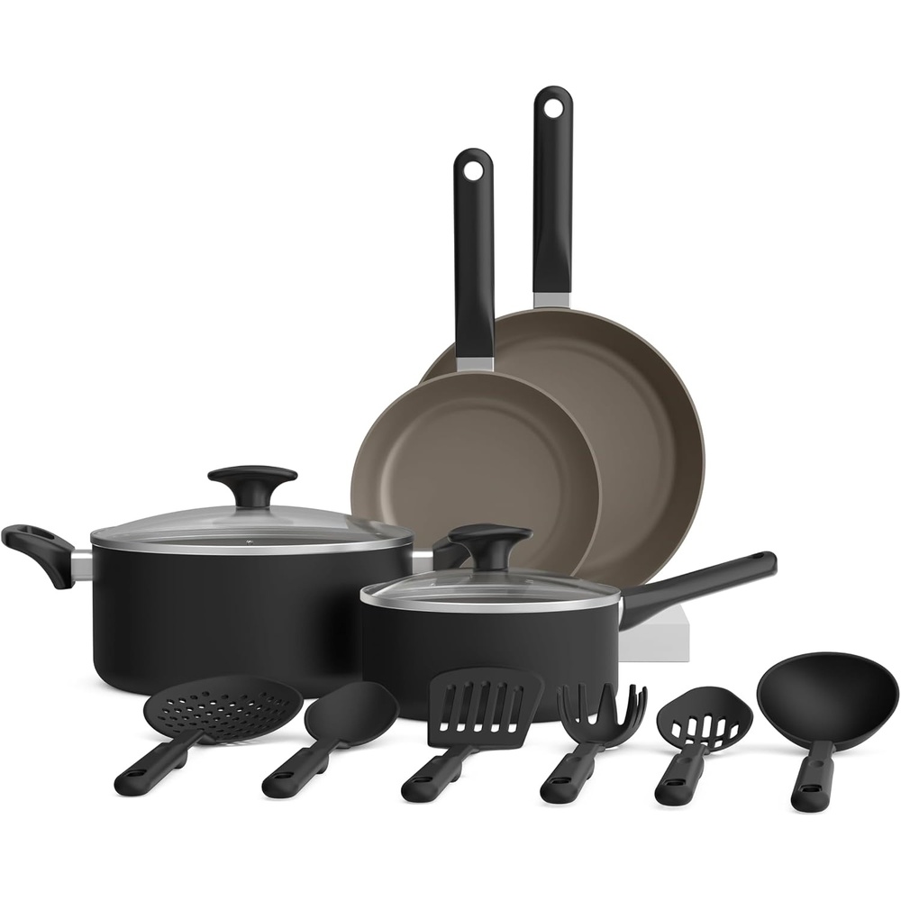 image:imagebella 21 Piece Kitchen Set with EverGood Ceramic Nonstick Coating Dishwasher amp Oven Safe All Stovetops Compatible Tempered Glass Lids amp Cool Touch Handles BlackBlack