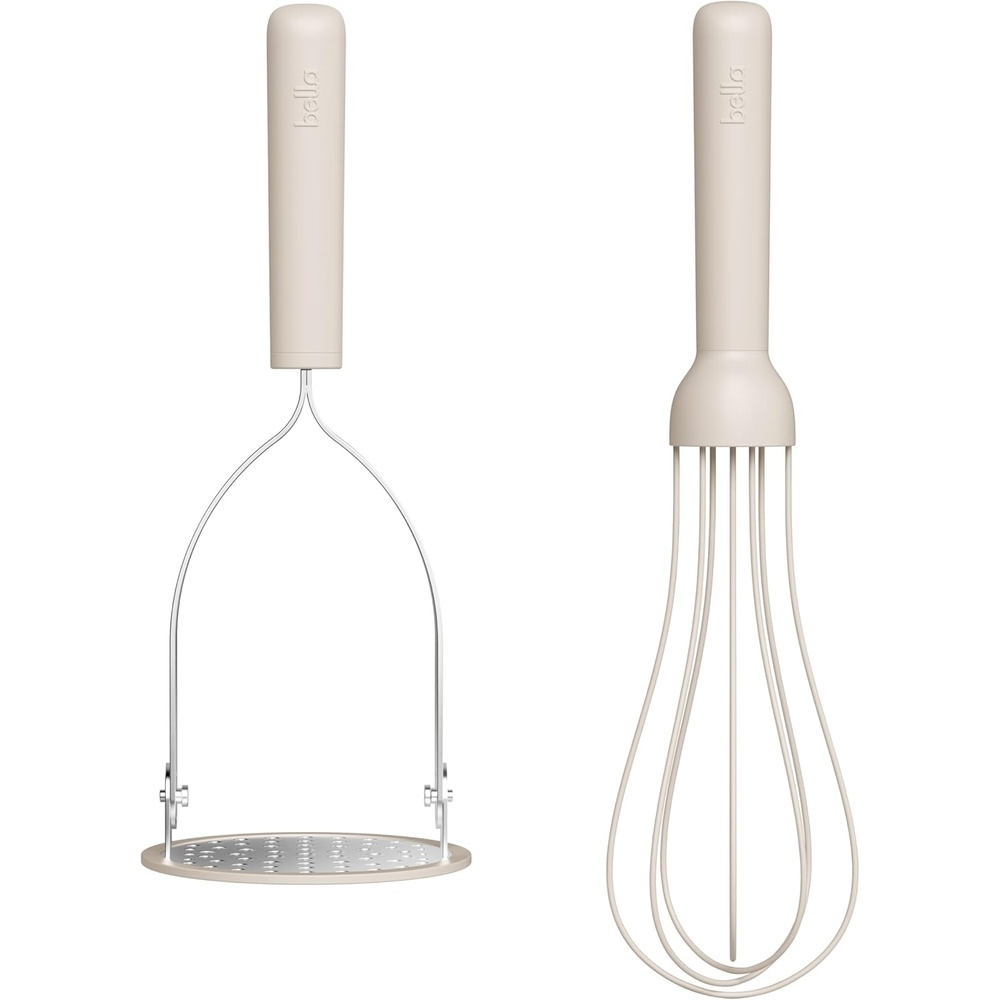 image:imagebella 2Piece Compact Masher and Whisk Set Fold Flat Stainless steel and silicone Foldable Masher Ballon Whisk Flat Whisk Nonstick Nonslip Heat safe to 425F OatmilkOatmilk