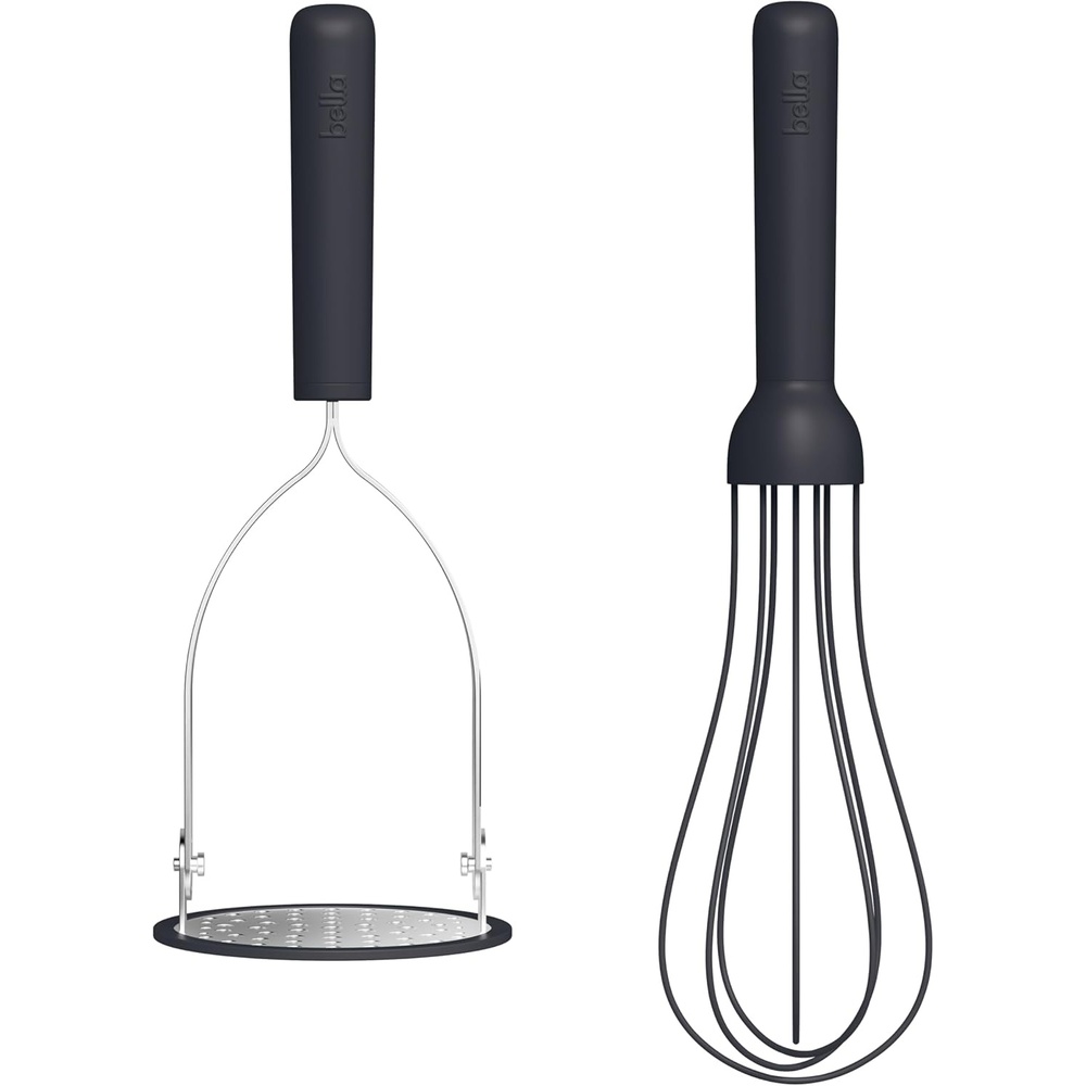 image:imagebella 2Piece Compact Masher and Whisk Set Fold Flat Stainless steel and silicone Foldable Masher Ballon Whisk Flat Whisk Nonstick Nonslip Heat safe to 425F OatmilkSlate