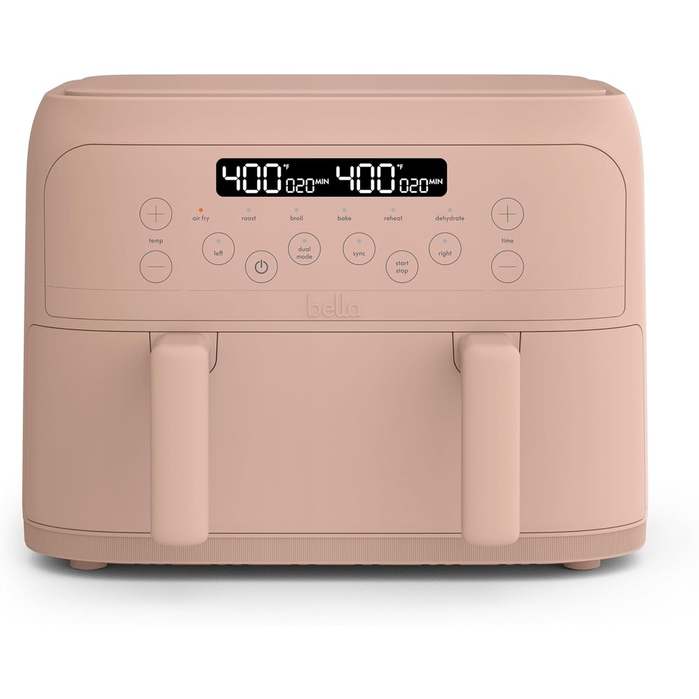 image:imagebella 4 Qt TriZone Air Fryer EverGood Ceramic Nonstick Coating Dual Basket Design w Removable Divider Digital Touchscreen Control w 6 Preset Cooking Options 1200 Watt 3lb Capacity BlossomBlossom