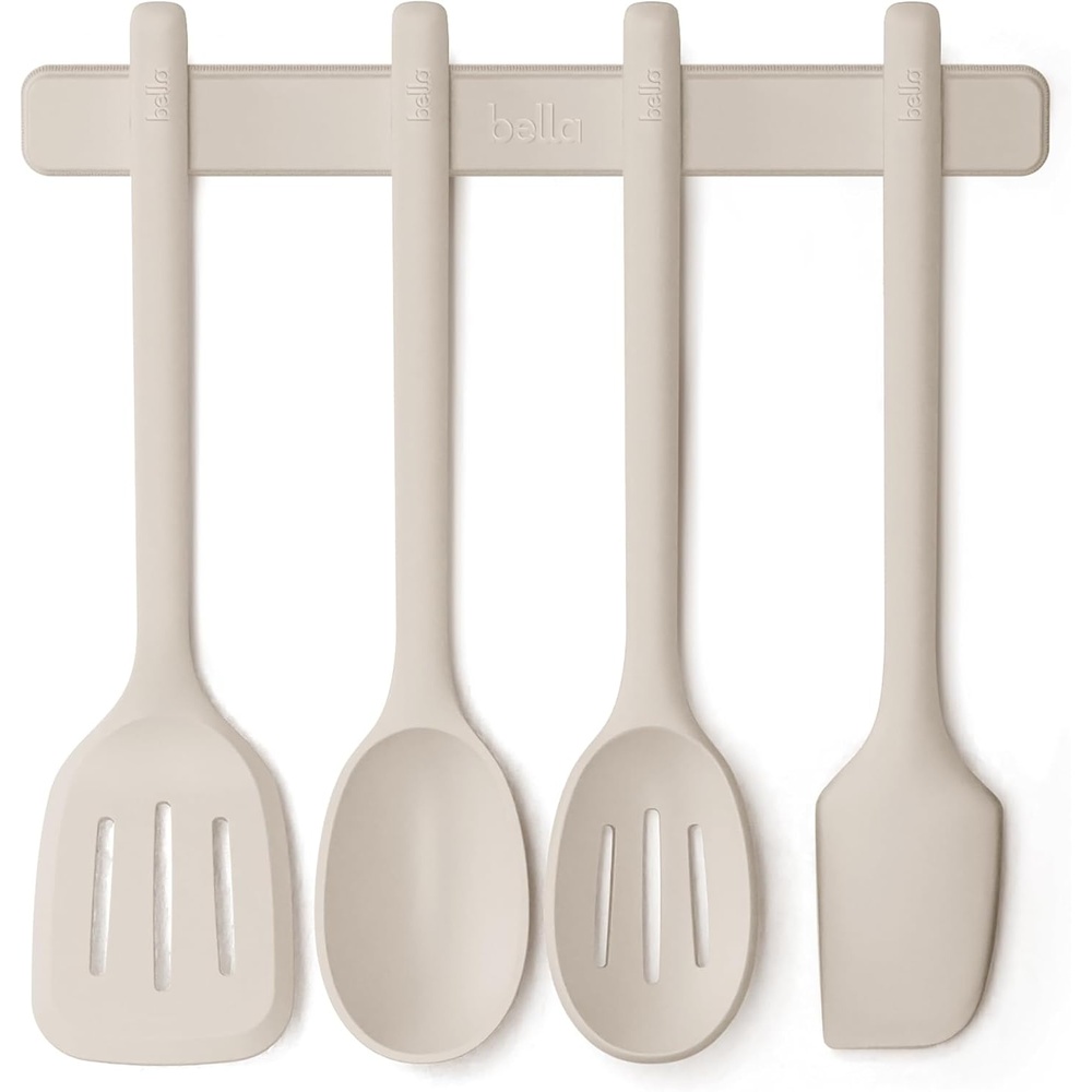 image:imagebella 5Piece Kitchen Tool Set with Magnetic Rack Silicone Turner Spoon Slotted Spoon Spatula Utensil Holder Magnetic Holder Nontoxic Foodgrade Heat safe to 425F Dishwasher Safe SlateOatmilk