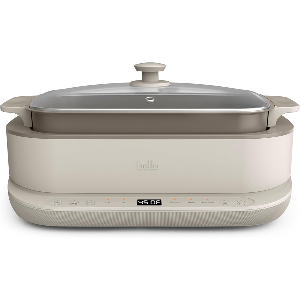 image:imagebella 60 QT MultiCooker Ceramic Nonstick Coating 4in1 Versatility 4 cooking functions Slow Cook Sear Saute Steam Serves 7 people Dishwasher Safe Pot amp Tempered Glass Lid Tangle Free Cord Wrap Oatmilk