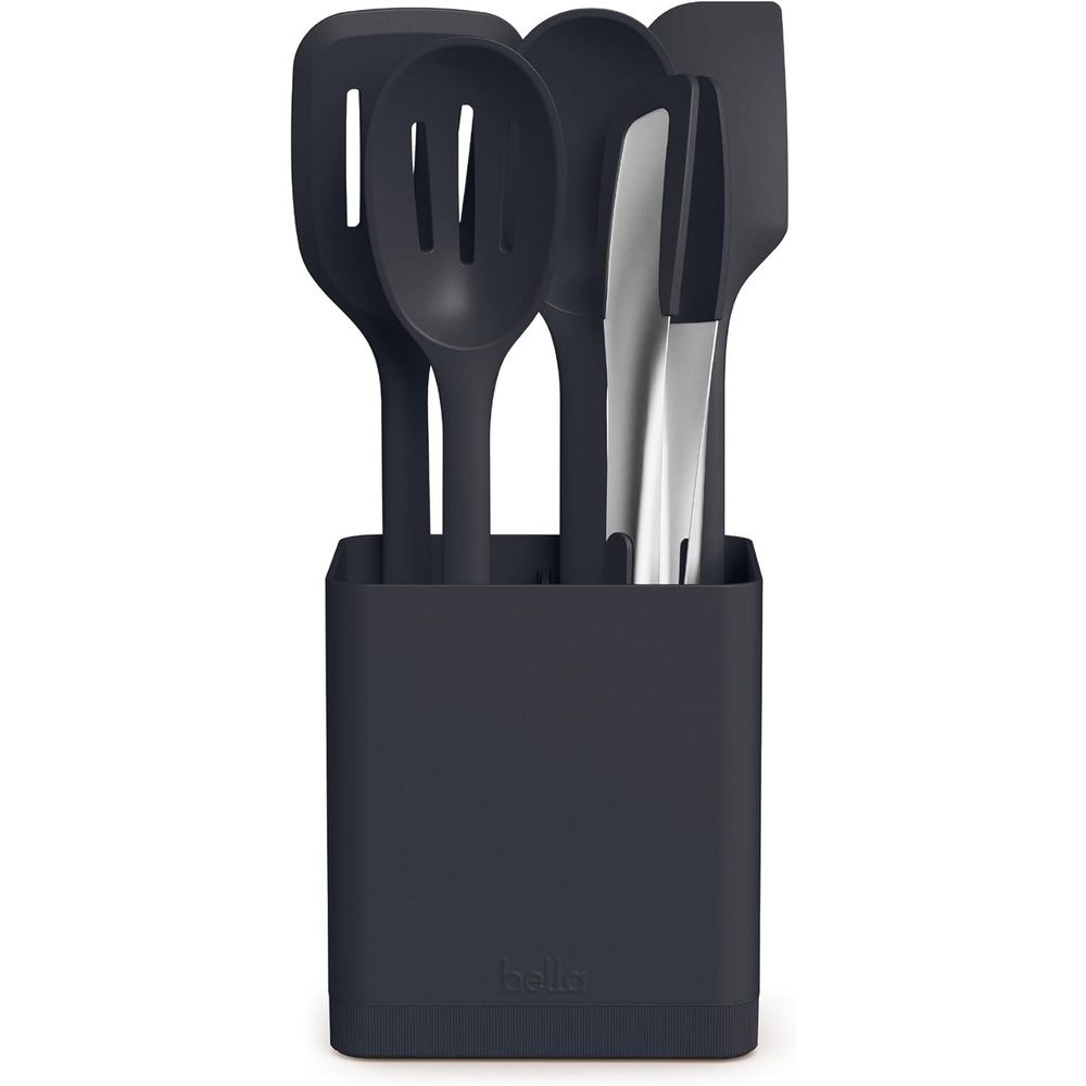 image:imagebella 6Piece Modular Tool Set Silicone Turner Spoon Slotted Spoon Spatula Tongs Crock with removable divider Nontoxic Foodgrade Heat safe to 425F Dishwasher Safe OatmilkSlate