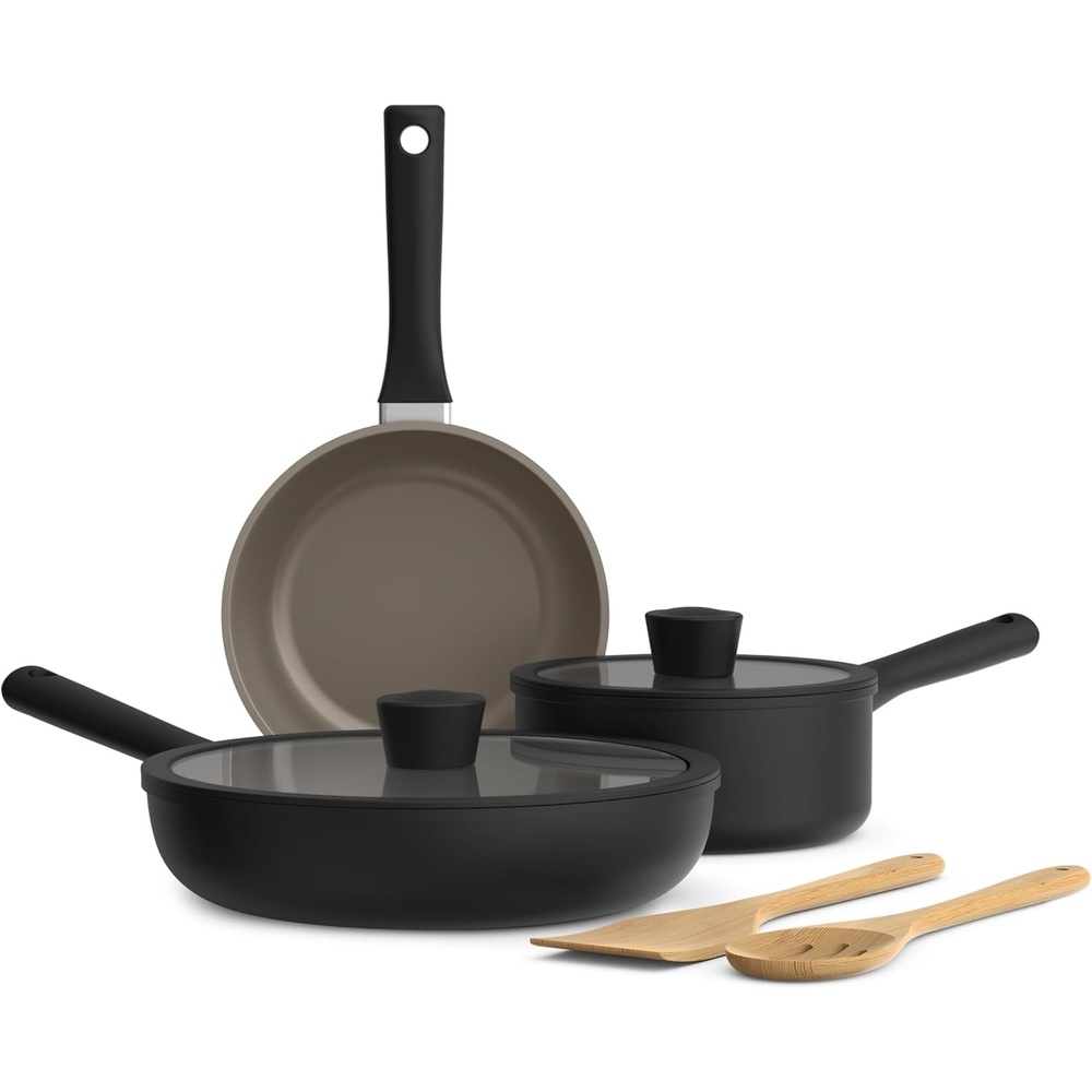 image:imagebella 7 Piece Cookware Set with EverGood Ceramic Nonstick Coating Dishwasher Safe Oven Safe All Stovetops Compatible Glass Lids with Silicone Rims Cool Touch Handles BlackBlack