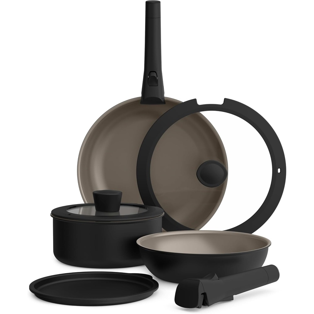 image:imagebella 8 Piece Cookware Set Fitsanywhere Kitchenware w EverGood Ceramic Nonstick Coating Removable Handles Dishwasher amp Oven Safe All Stovetops Compatible Glass Lids w Silicone Rims OatmilkBlack