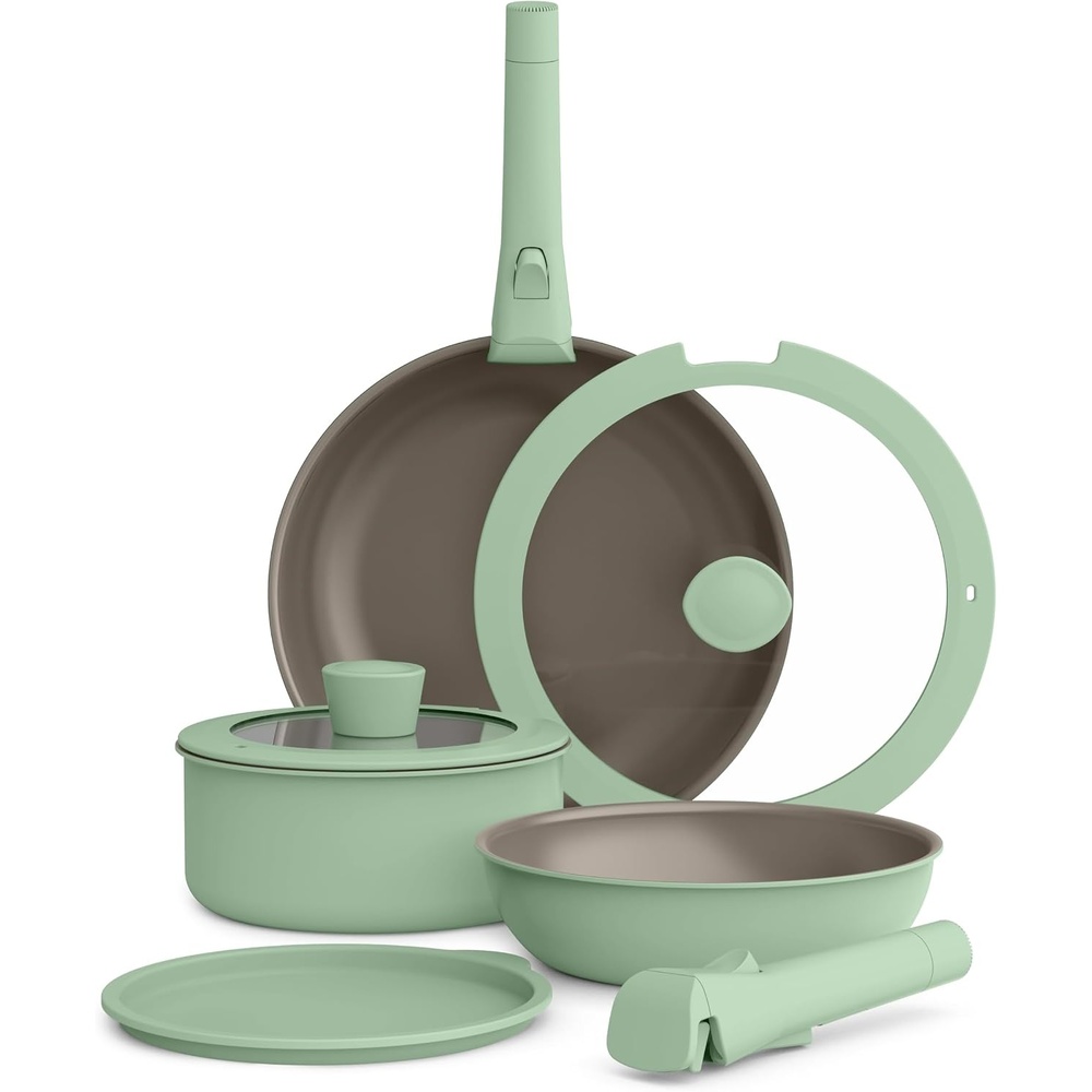 image:imagebella 8 Piece Cookware Set Fitsanywhere Kitchenware w EverGood Ceramic Nonstick Coating Removable Handles Dishwasher amp Oven Safe All Stovetops Compatible Glass Lids w Silicone Rims OatmilkSeaglass