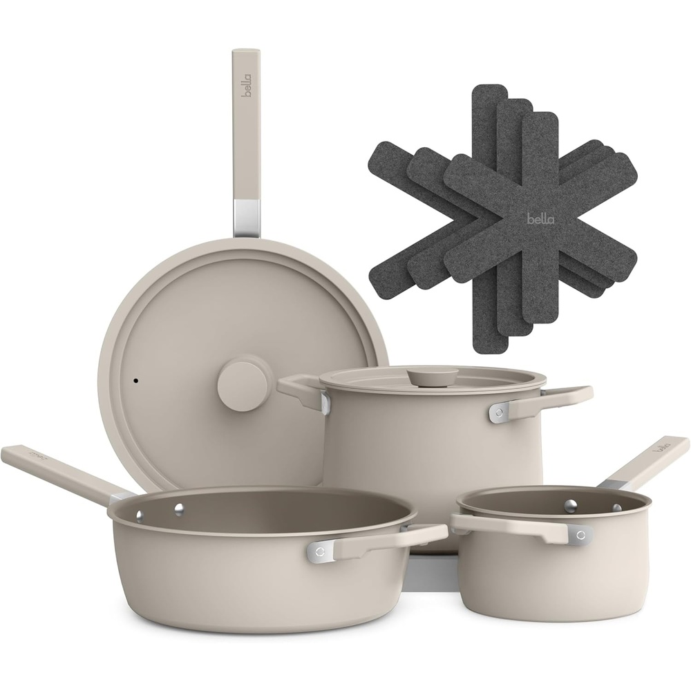 image:imagebella 9 Piece Ceramic Nonstick Cookware Set Fitsanywhere Kitchenware w EverGood Coating Dishwasher amp Oven Safe All Stovetops Compatible Stackable Design Cool Touch Handles SurfOatmilk