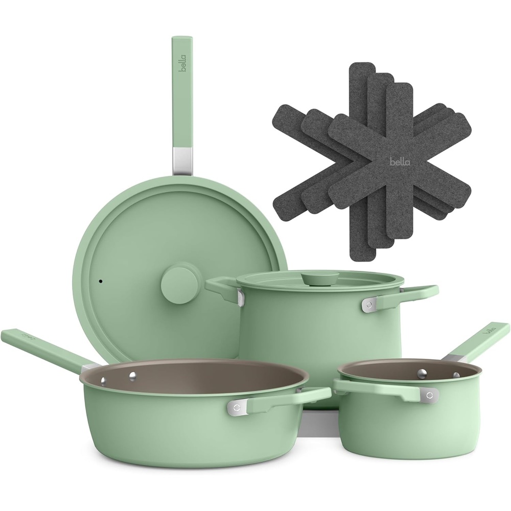 image:imagebella 9 Piece Ceramic Nonstick Cookware Set Fitsanywhere Kitchenware w EverGood Coating Dishwasher amp Oven Safe All Stovetops Compatible Stackable Design Cool Touch Handles SurfSeaglass