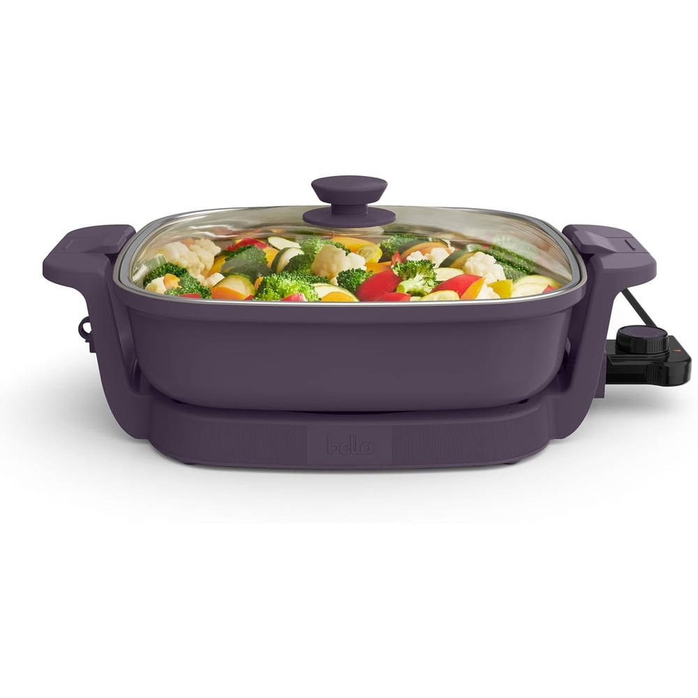 image:imagebella Make amp Take Electric Skillet Fitsanywhere kitchenware EverGood Ceramic Coating Adjustable Temperature amp DishwasherSafe Tempered Glass Lid Cast Aluminum Base 1200 Watt OatmilkPlum