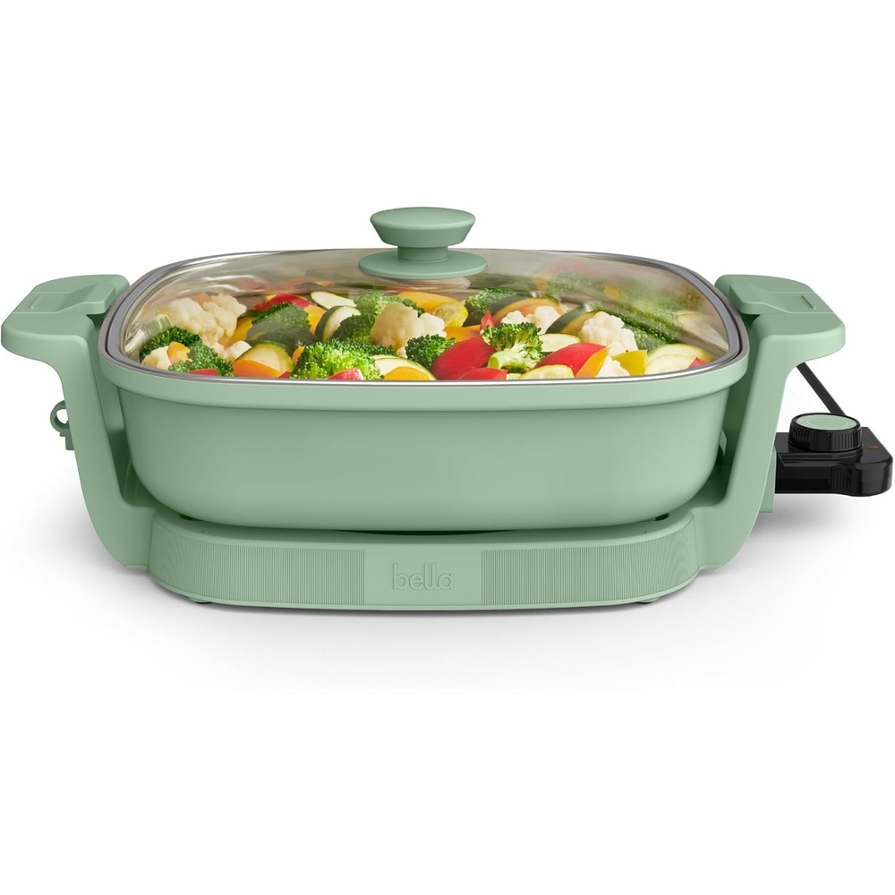 image:imagebella Make amp Take Electric Skillet Fitsanywhere kitchenware EverGood Ceramic Coating Adjustable Temperature amp DishwasherSafe Tempered Glass Lid Cast Aluminum Base 1200 Watt OatmilkSeaglass