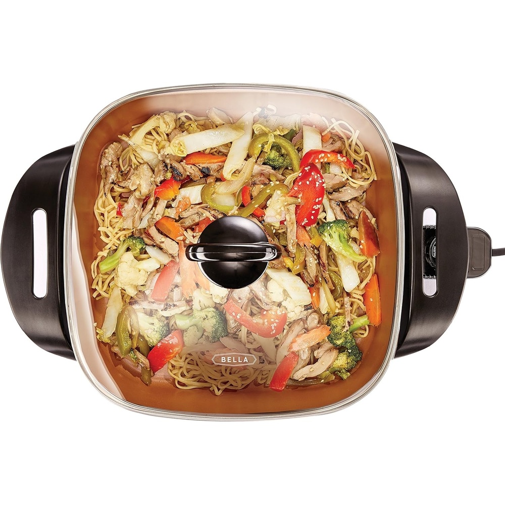 image:imagebella Make amp Take Electric Skillet Fitsanywhere kitchenware EverGood Ceramic Coating Adjustable Temperature amp DishwasherSafe Tempered Glass Lid Cast Aluminum Base 1200 Watt OatmilkCopper