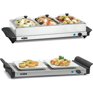 BELLA 4.5 Quart Triple Electric Buffet Server, Food Warming Tray & Slow Cooker – Brushed Stainless Steel Heated Serving Station for Parties & Catering