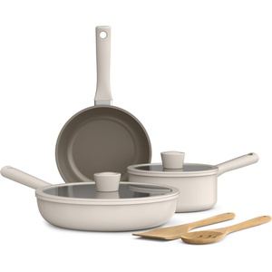 bella 7 Piece Cookware Set with EverGood™ Ceramic Nonstick Coating​, Dishwasher Safe Oven Safe, All Stovetops Compatible, Glass Lids with Silicone Rims, Cool Touch Handles, Black(Oatmilk)