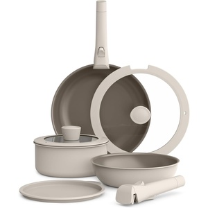 bella 8 Piece Cookware Set, Fits-anywhere™ Kitchenware w EverGood™ Ceramic Nonstick Coating​, Removable Handles, Dishwasher & Oven Safe, All Stovetops Compatible, Glass Lids w Silicone Rims, Oatmilk(Oatmilk)