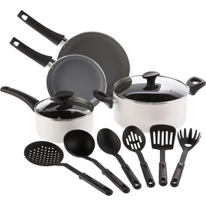 bella Cookware Set with Glass Lids with Nonstick, PFOA Free and Scratch Resistant Surface, Aluminum Bakeware, Pots and Pans, Storage Bowls & Utensils, Compatible with All Stovetops, 21 Piece, Gray(Cream)
