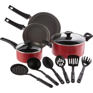 bella Cookware Set with Glass Lids with Nonstick, PFOA Free and Scratch Resistant Surface, Aluminum Bakeware, Pots and Pans, Storage Bowls & Utensils, Compatible with All Stovetops, 21 Piece, Gray(Red)