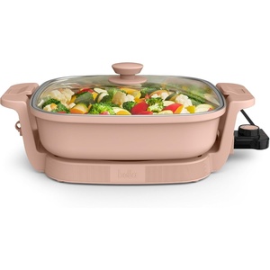 bella Make & Take Electric Skillet, Fits-anywhere™ kitchenware, EverGood™ Ceramic Coating, Adjustable Temperature & Dishwasher-Safe Tempered Glass Lid, Cast Aluminum Base, 1200 Watt, Oatmilk(Blossom)
