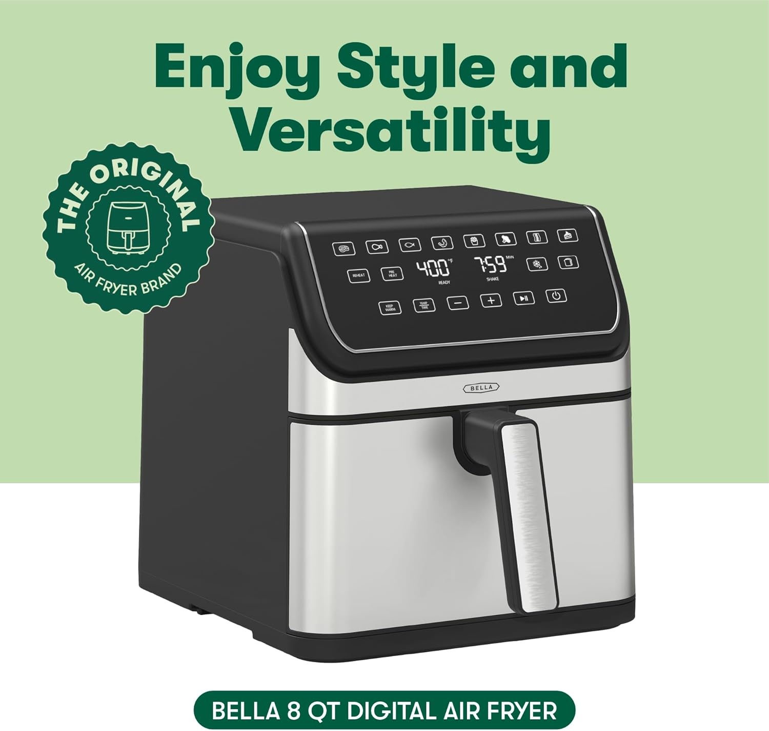 image:imagebella 8 Qt Digital Air Fryer with TurboCrisp Technology Large Family Size Nonstick Cooking Basket and Crisping Tray Multiple Preset Functions Auto Shutoff Black 1750 WattStainless Steel