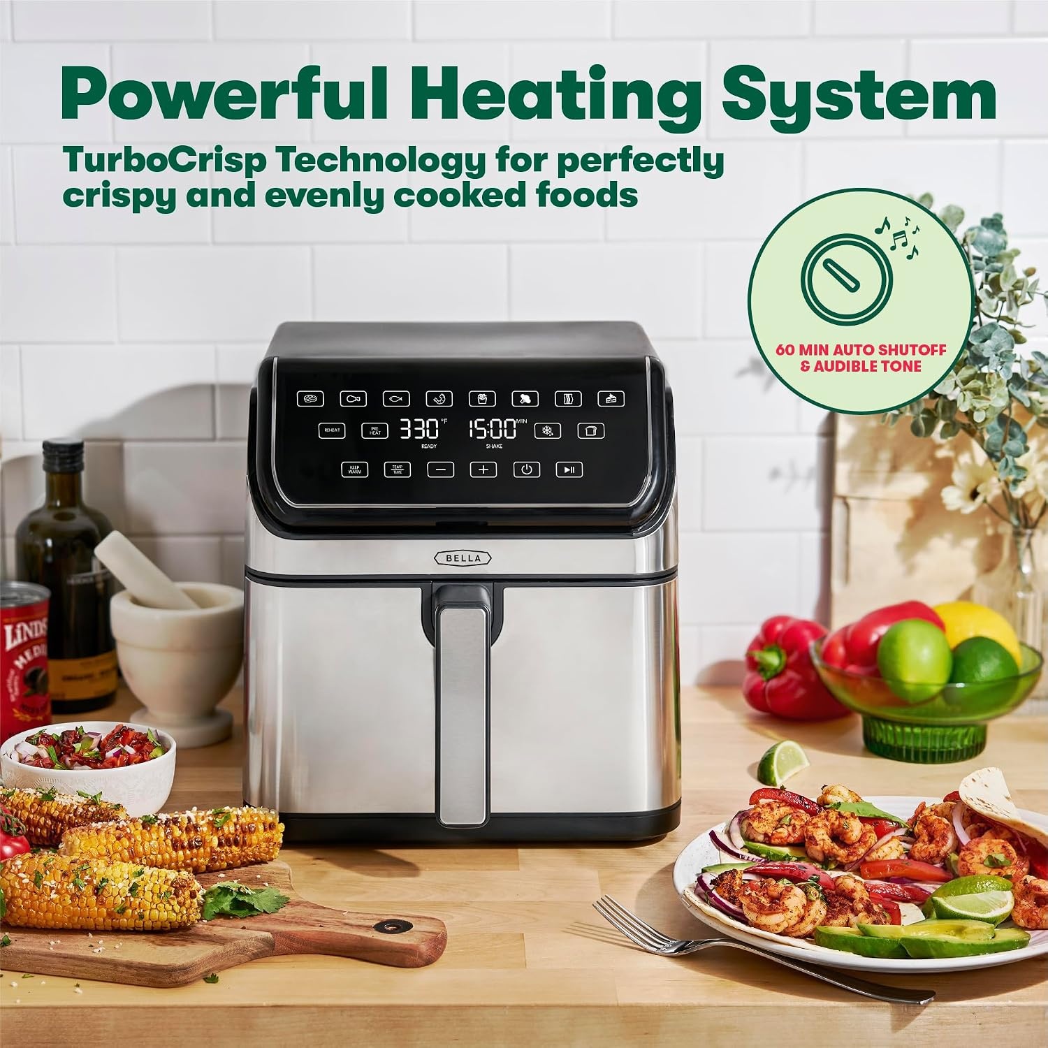 image:imagebella 8 Qt Digital Air Fryer with TurboCrisp Technology Large Family Size Nonstick Cooking Basket and Crisping Tray Multiple Preset Functions Auto Shutoff Black 1750 WattStainless Steel