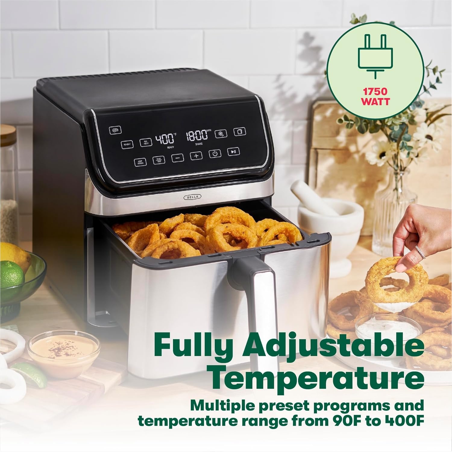image:imagebella 8 Qt Digital Air Fryer with TurboCrisp Technology Large Family Size Nonstick Cooking Basket and Crisping Tray Multiple Preset Functions Auto Shutoff Black 1750 WattStainless Steel
