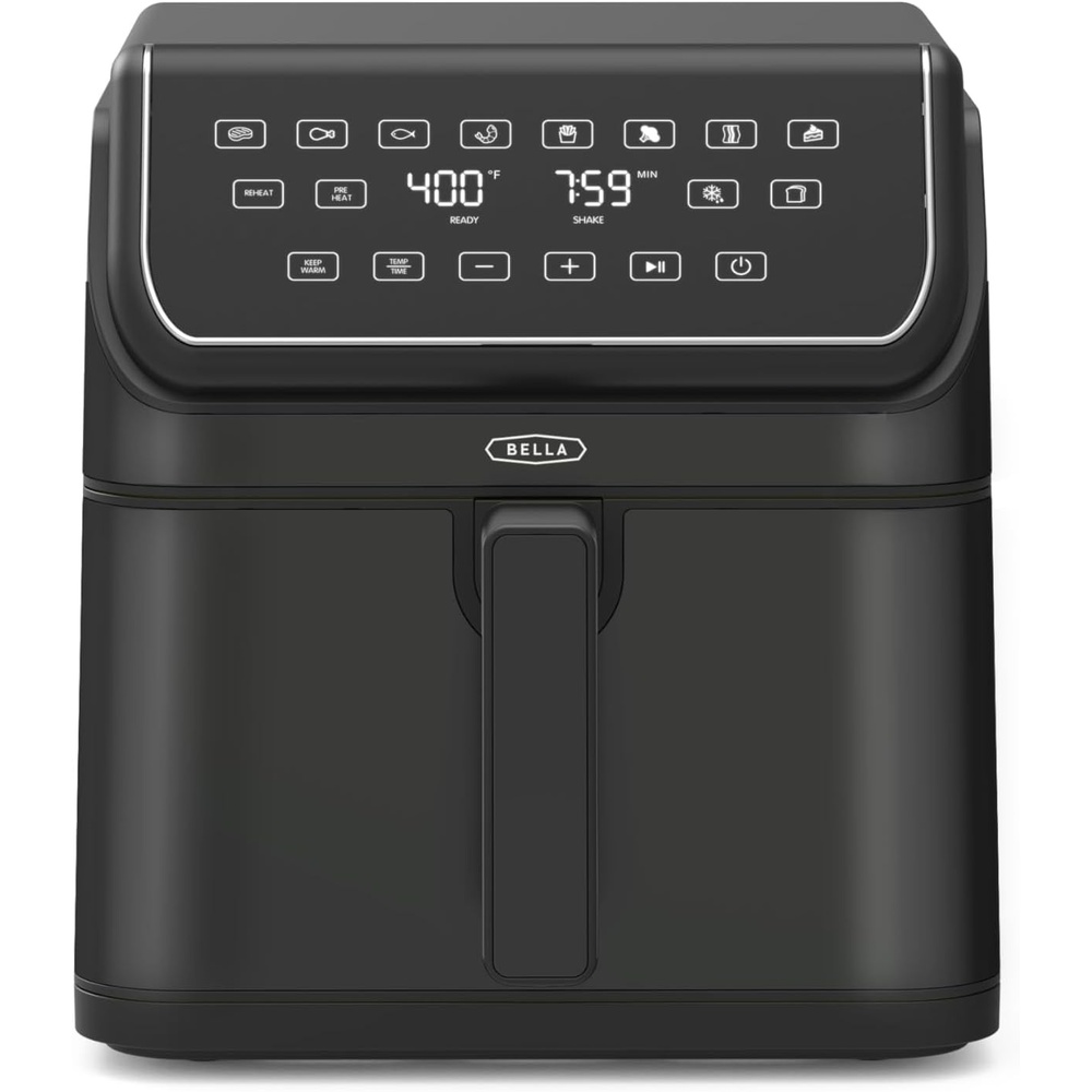 image:imagebella 8 Qt Digital Air Fryer with TurboCrisp Technology Large Family Size Nonstick Cooking Basket and Crisping Tray Multiple Preset Functions Auto Shutoff Black 1750 WattBlack