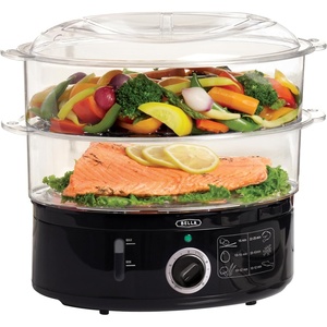 BELLA Two Tier Food Steamer with Stackable Baskets & Removable Base for Fast Simultaneous Cooking – Auto Shutoff & Boil Dry Protection, 7.4 QT, Black